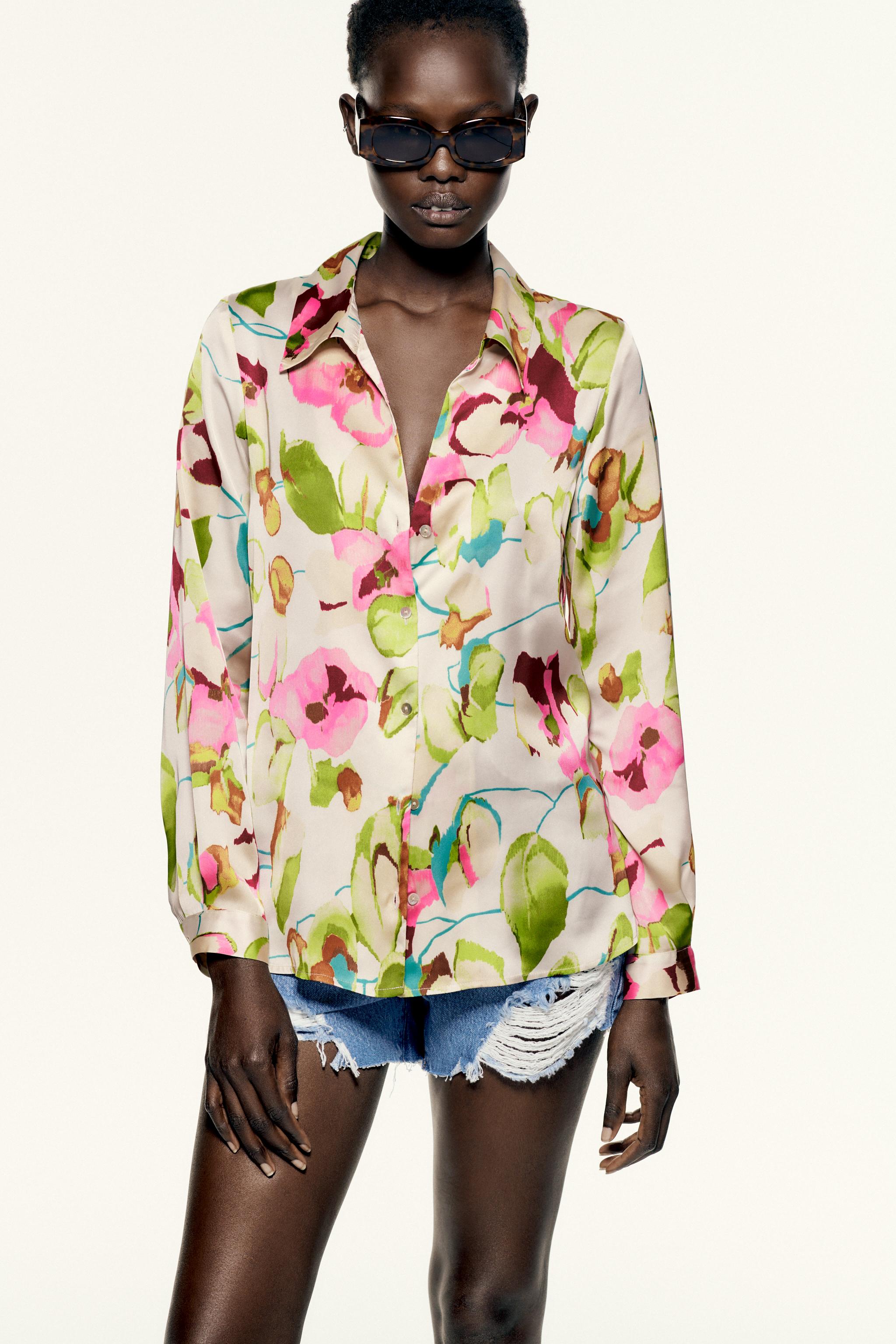 FLORAL SATIN EFFECT BLOUSE Ecru Green ZARA United States